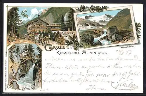 Lithographie Kaprun, Moserboden, Kesselfall-Alpenhaus, Kesselfall, Pferdegespann