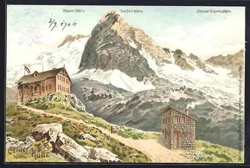 Lithographie Geraer Hütte mit Blick zum Olperer, Alpeiner Scharte