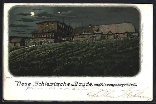 Lithographie Neue Schlesische Baude bei Vollmond