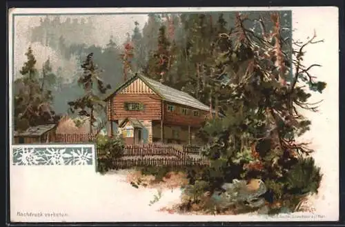 Lithographie Reissthalerhütte am Waldrand