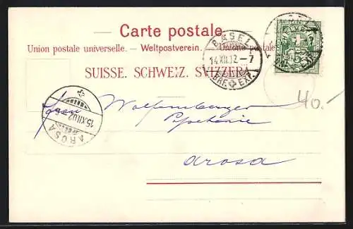 Lithographie Basel, Blick auf Fluss mit Brücke und Kirche, Frau in Tracht