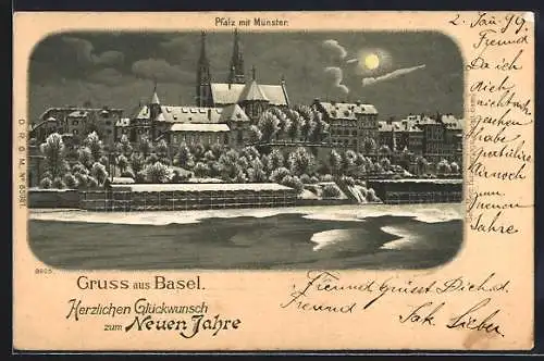 Mondschein-Lithographie Basel, Pfalz mit Münster im Schnee