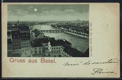 Mondschein-Lithographie Basel, Teilansicht aus der Vogelschau