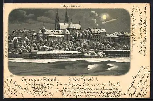 Mondschein-Lithographie Basel, Pfalz mit Münster im Winter