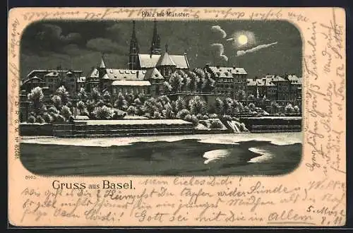 Mondschein-Lithographie Basel, Pfalz mit Münster