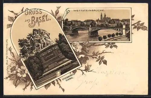 Lithographie Basel, Strassbruger Denkmal, Wettsteinbrücke