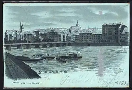 Mondschein-Lithographie Basel, Flusspartie im Vollmondlicht