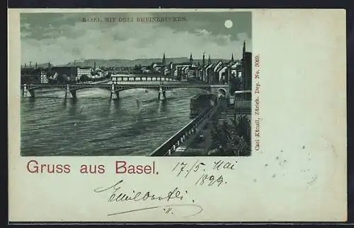 Mondschein-Lithographie Basel, Teilansicht mit den drei Rheinbrücken