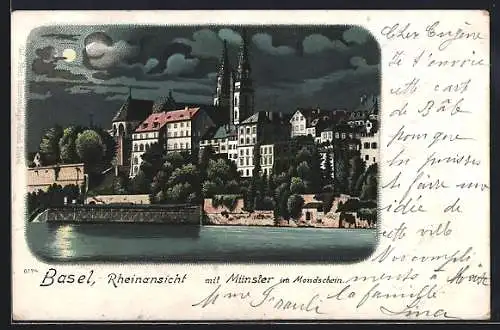 Lithographie Basel, Basel, Rheinansicht mit Münster