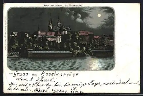 Lithographie Basel, Pfalz mit Münster bei Nacht