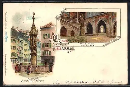 Lithographie Basel, Altes Rathaus und Fischmarkt