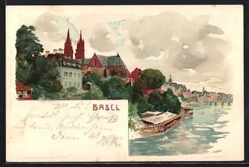 Künstler-Lithographie Fritz Voellmy: Basel, Ortspartie am Flussufer