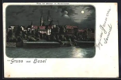 Lithographie Basel, Pfalz mit Münster bei Nacht