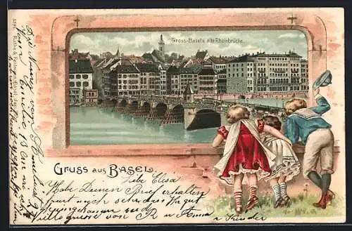 Passepartout-Lithographie Basel, Gross-Basel und alte Rheinbrücke