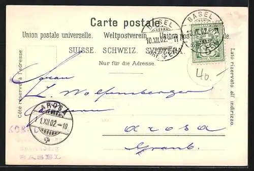 Lithographie Basel, Gross-Basel und die Fähre, Elisabethen.Kirche, Barfüsserplatz, St. Albanthor