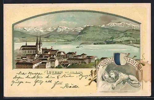 Lithographie Luzern, Panorama mit den Alpen, Passepartout mit Löwen-Denkmal