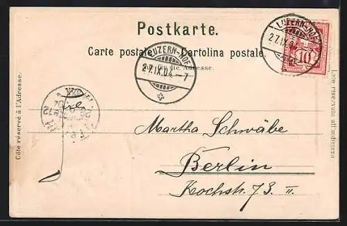 Lithographie Luzern, Panorama mit den Alpen, Passepartout mit Löwen-Denkmal