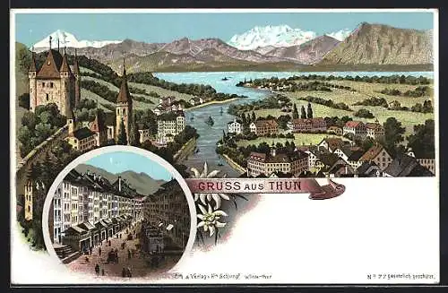 Lithographie Thun, Teilansicht mit Fluss, Strassenansicht mit Ständen