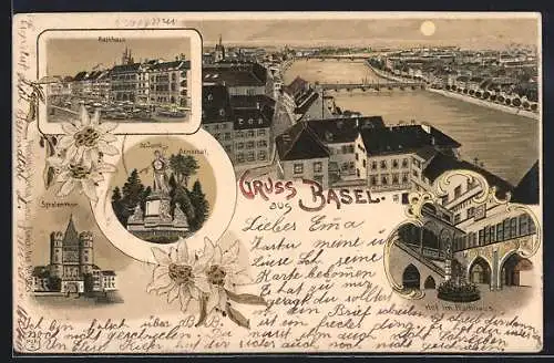 Lithographie Basel, Ortsansicht, Rathaus, St.Jacobs-Denkmal, Spalenthor