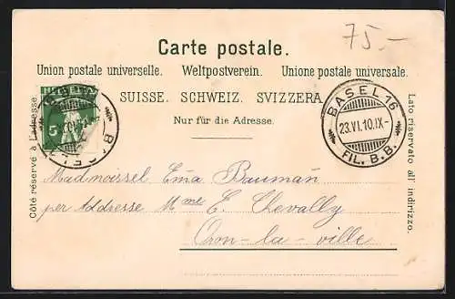 Lithographie Basel, Ortsansicht, Rathaus, St.Jacobs-Denkmal, Spalenthor