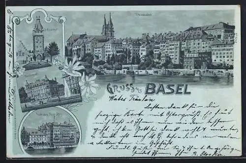 Mondschein-Lithographie Basel, Hotel des Trois Rois, Aeschenplatz, St. Albanthor