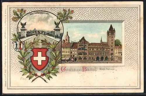 Lithographie Basel, Neues Rathaus und Wetzsteinbrücke, Passepartout mit Wappen