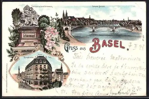 Lithographie Basel, Ortsansicht, Denkmal der Stadt Strassburg, Hotel Europäischer Hof