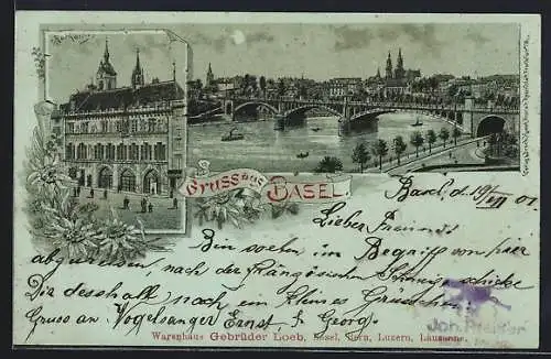 Mondschein-Lithographie Basel, Rathaus und Flusspartie