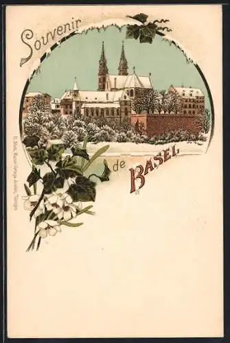 Winter-Lithographie Basel, Teilansicht der verschneiten Ortschaft