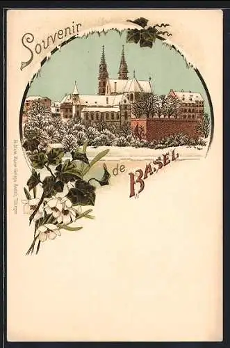 Winter-Lithographie Basel, Teilansicht der verschneiten Ortschaft