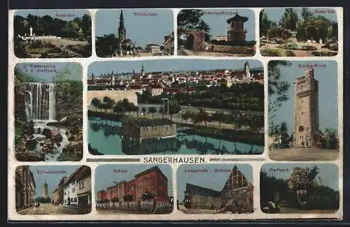 AK Sangerhausen, Rosarium, Ulrichplatz, Moltke-Warte, Schule, Stadtpark