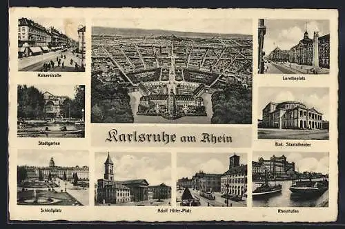 AK Karlsruhe am Rhein, Gesamtansicht, Kaiserstrasse, Stadtgarten, Schlossplatz, Bad. Staatstheater