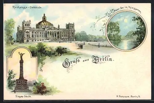 AK Berlin-Tiergarten, Reichstags-Gebäude, Sieges-Säule, Neuer See im Tiergarten