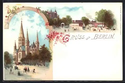 Lithographie Berlin-Charlottenburg, Kaiser Wilhelm Gedächtnis-Kirche, Strassenpartie