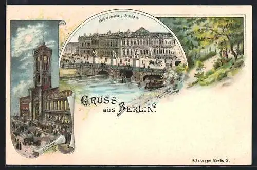 Lithographie Berlin, Blick auf die Schlossbrücke mit dem Zeughaus, Partie am Rathaus