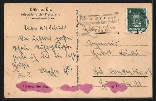 AK Köln, Beleuchtung der Pressa und Hohenzollernbrücke