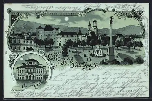 Lithographie Stuttgart, Ortsansicht mit Hoftheater