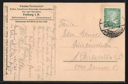 AK Freiburg i. B., Casino-Restaurant, Belfortstrasse 3