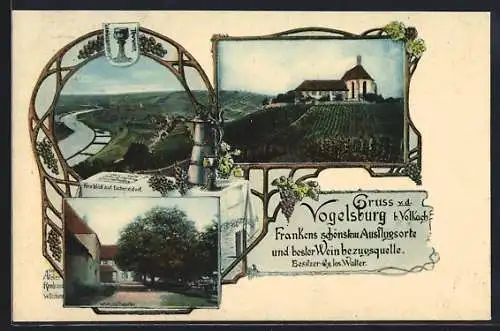 AK Volkach, Gasthaus Vogelsburg, Fernblick auf Escherndorf, Kapelle, Wirtschaftsgarten