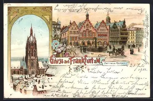 Lithographie Alt-Frankfurt, Partie am neuen Römer, Dom