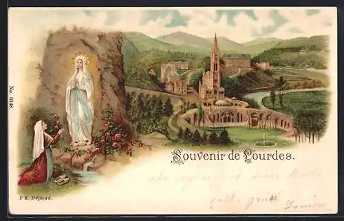 Lithographie Lourdes, Heilige Maria, Ortsansicht mit Kirche