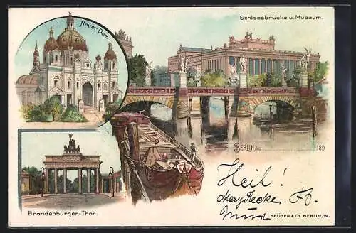 Lithographie Berlin, Schlossbrücke mit Museum, Neuer Dom