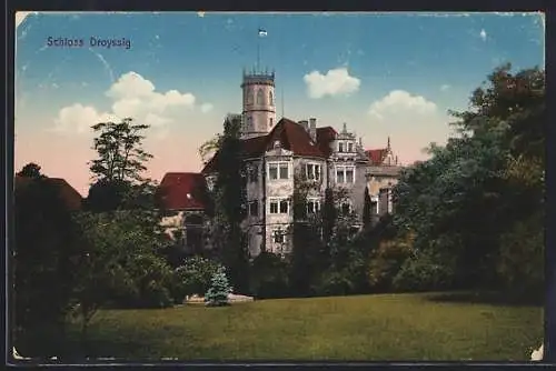 AK Schloss Droyssig, Gebäudeansicht mit Park