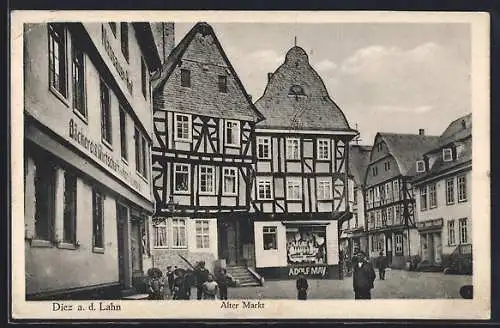 AK Diez a. d. Lahn, Alter Markt mit Bäckerei-Gasthaus u. Geschäft Adolf May