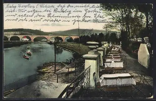 AK Bommern /Witten, Gaststätte Ruhrgarten K. Voss, Terrasse mit Blick zum Viadukt, Paddelboote