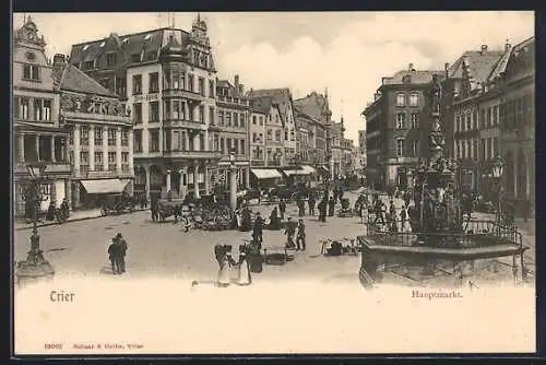 AK Trier, Hauptmarkt mit Brunnen und Verkaufsständen