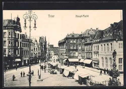 AK Trier, Hauptmarkt mit Marktständen aus der Vogelschau