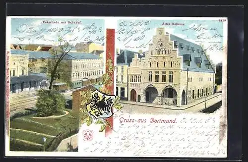 Künstler-AK Dortmund, Vehmlinde mit Bahnhof, Altes Rathaus, Wappen