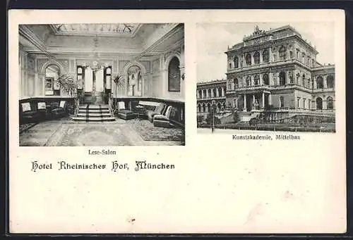 AK München, Hotel Rheinischer Hof, Kunstakademie Mittelbau, Inneres Lese-Salon