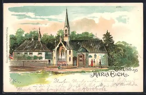 Lithographie Planegg, Blick auf die Wallfahrtskirche Maria Eich